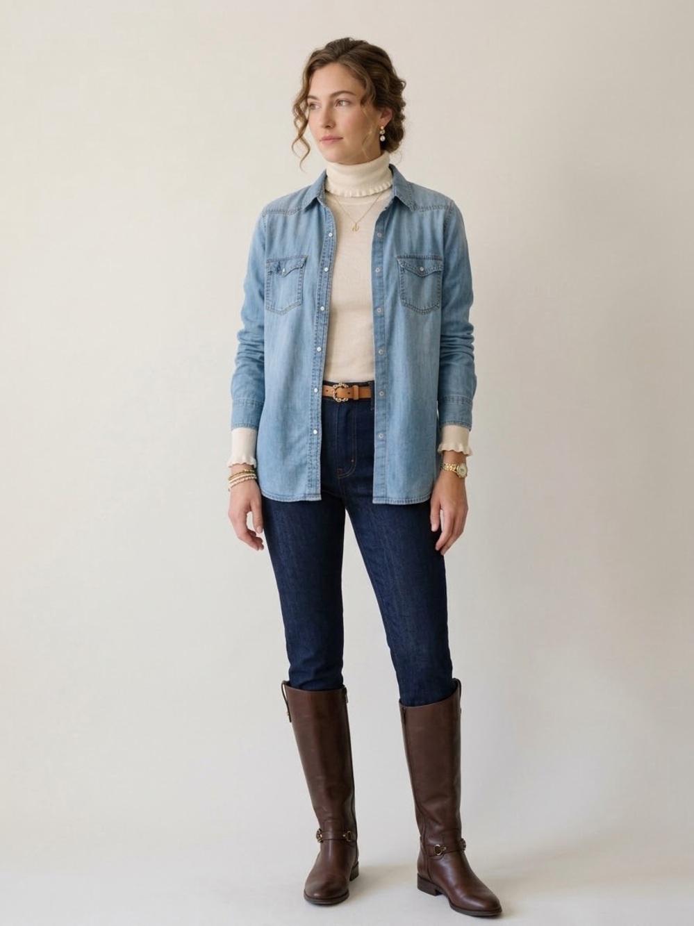 Denim Shirt Long Sleeve Boyfriend Fit Pearl Snap Button Down Western top